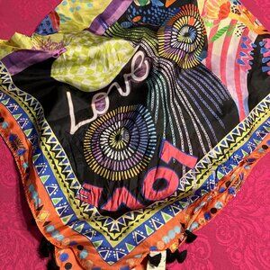 JOHNNY WAS 100% Silk Scarf Tassels "LOVE" Pattern, LARGE - 44in Square w Tassles